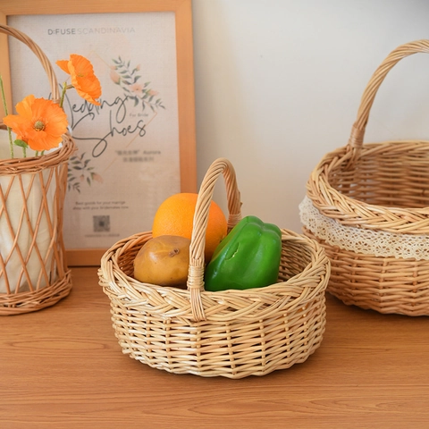 Cesto In Salice Intrecciato A Mano In Stile Pastorale Con Pizzo Per Frutta Picnic Fiori Portaoggetti Decorazioni Per La Casa Rustica