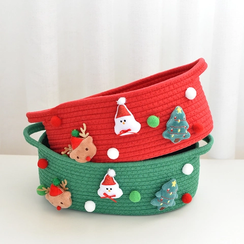 Cesta de Almacenamiento Tejida de Cuerda de Algodón de Navidad Dibujos Animados Muñeco de Nieve Reno Árbol de Navidad Con Mango Decoración