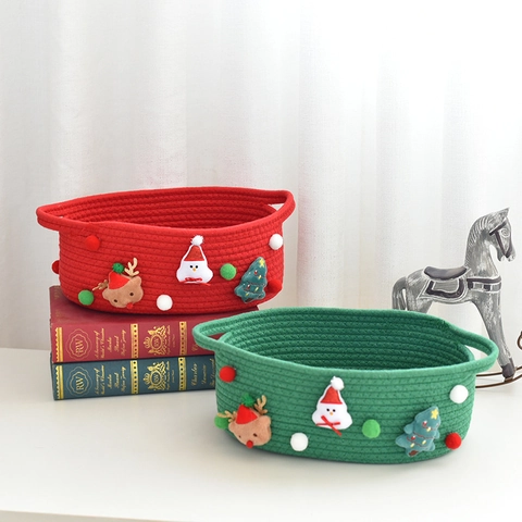 Cesta de Almacenamiento Tejida de Cuerda de Algodón de Navidad Dibujos Animados Muñeco de Nieve Reno Árbol de Navidad Con Mango Decoración