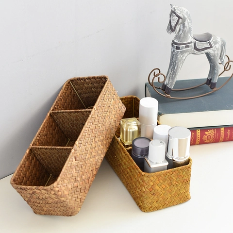 Hand-Woven Wicker Storage Basket Triple Compartment Desktop Organizer Rectangular Bin For Cosmetics Stationery Sundries Home Decor Office