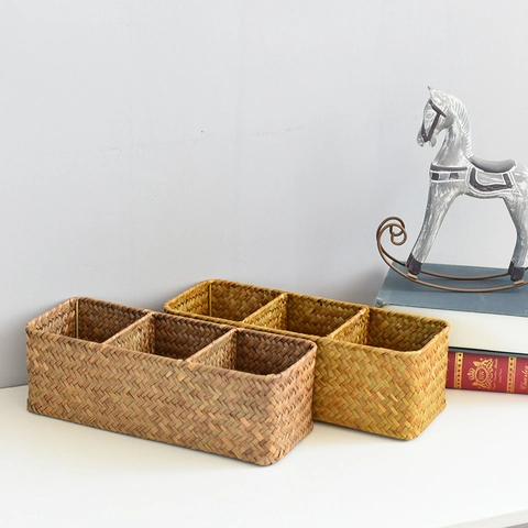 Hand-Woven Wicker Storage Basket Triple Compartment Desktop Organizer Rectangular Bin For Cosmetics Stationery Sundries Home Decor Office