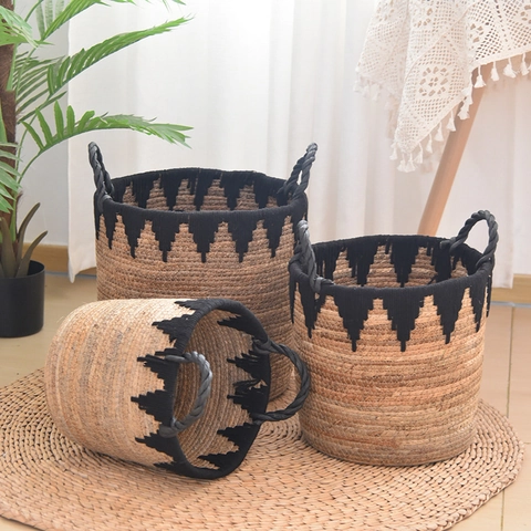 Cesto Portaoggetti Intrecciato a Mano in Paglia Naturale Stile Boemo Grande Capacità Cesto per Biancheria Organizer per Giocattoli Decorativo Con Manici