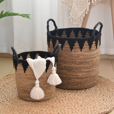 Cesto Portaoggetti Intrecciato a Mano in Paglia Naturale Stile Boemo Grande Capacità Cesto per Biancheria Organizer per Giocattoli Decorativo Con Manici