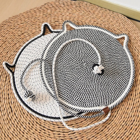 Alfombrilla para Rascar Mascotas de Cuerda de Algodón Tejida con Forma de Orejas de Gato Almohadilla Redonda Duradera para Gatos y Perros