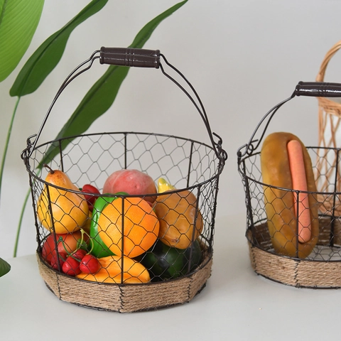 Cesto Vintage in Filo di Ferro per Frutta e Verdura Con Decorazione in Corda di Canapa e Manico in Legno Cesto Portaoggetti per Casa
