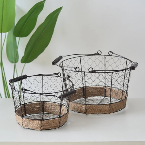 Cesto Vintage in Filo di Ferro per Frutta e Verdura Con Decorazione in Corda di Canapa e Manico in Legno Cesto Portaoggetti per Casa