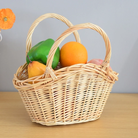 Cesto portaoggetti in vimini fatto a mano con manico in pelle Cesto naturale per la raccolta di frutta e verdura in salice Arredamento rustico da cucina
