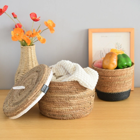 Noordse Handgeweven Katoenen Opbergmand Met Deksel Rond Natuurlijke Vezel Decoratieve Desktop Organizer Voor Speelgoed Fruit Diversen