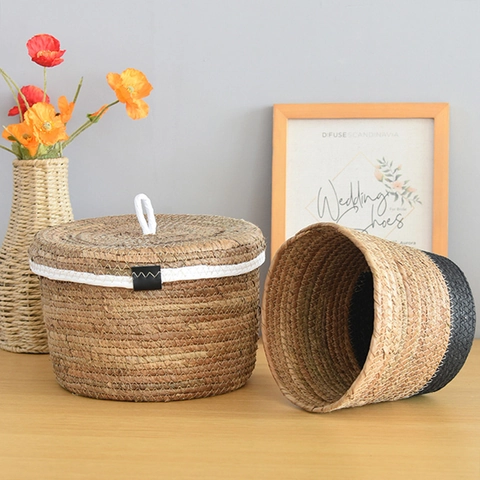 Noordse Handgeweven Katoenen Opbergmand Met Deksel Rond Natuurlijke Vezel Decoratieve Desktop Organizer Voor Speelgoed Fruit Diversen