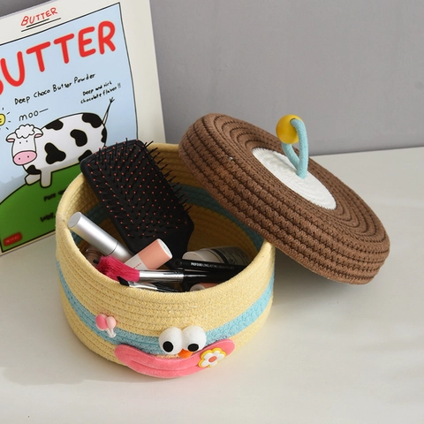 Cartoon Monster Katoenen Touw Geweven Opbergmand Met Deksel Leuke Ronde Bureau-organizer Voor Speelgoed Cosmetica