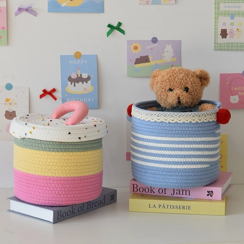 Handmade Cotton Rope Woven Storage Basket With Lid Cute Animal Embroidery Patchwork Desktop Organizer For Kids Room Home Decor