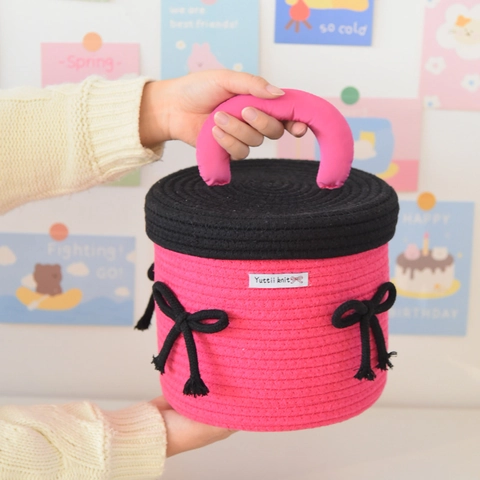Handmade Cotton Rope Woven Storage Basket With Lid Cute Animal Embroidery Patchwork Desktop Organizer For Kids Room Home Decor
