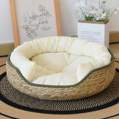 Handmade Woven Straw Cat Bed Round Pet Nest With Soft Cushion Breathable Natural Grass Weaving Basket For Cats And Small Dogs Pet Supplies