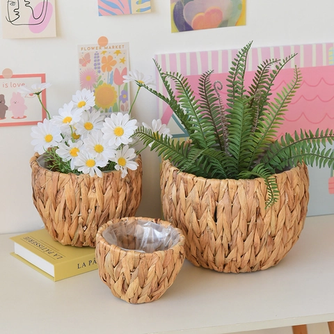 Cesto per Fiori in Paglia Intrecciata a Mano Con Rivestimento in Plastica Impermeabile Contenitore per Piante Decorativo Naturale