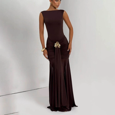 Women Sexy Backless Ruched Bodycon Maxi Dress Sleeveless Spliced High Waist Party Evening Slim Fit Dress with Flower Buckle