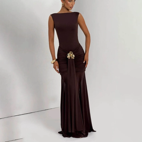 Abito Maxi Bodycon da Donna Sexy Senza Schienale con Increspature Senza Maniche a Vita Alta Abito Slim Fit per Feste e Cerimonie