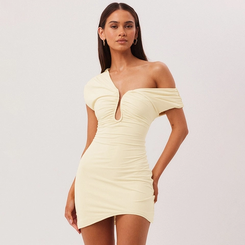 Women Sexy One Shoulder Ruched Bodycon Mini Dress Hollow Out Sleeveless V Neck Polyester Slim Fit Summer Party Clubwear
