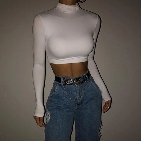 Γυναικείο Sexy Ψηλός Λαιμός Μακρυμάνικο Crop Top Slim Fit Μονόχρωμο Ελαστικό Base Layer T-Shirt Streetwear