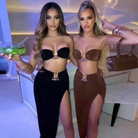 Women Sexy Two-Piece Set Bandeau Top And High Slit Maxi Skirt Rhinestone Metal Buckle Slim Fit Solid Color Party Wear