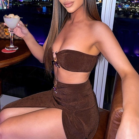 Women Sexy Two-Piece Set Bandeau Top And High Slit Maxi Skirt Rhinestone Metal Buckle Slim Fit Solid Color Party Wear