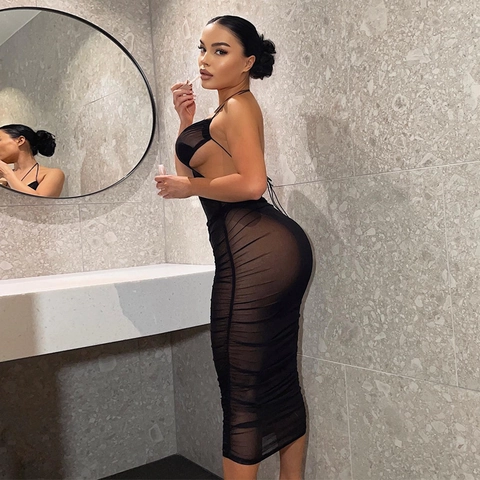 Women Sexy Halter Neck Backless Sheer Mesh Ruched Midi Dress Black Bodycon Party Clubwear Dress