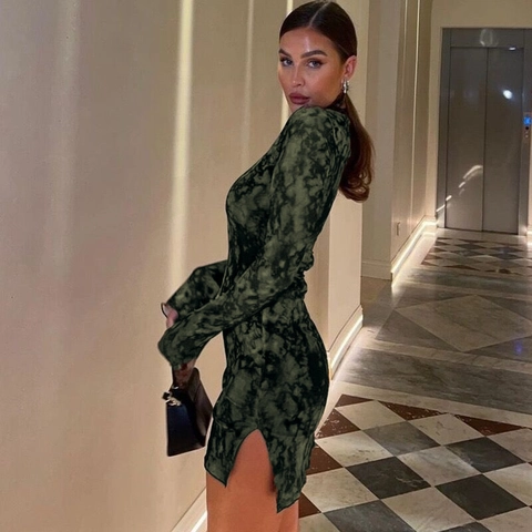 Women Tie Dye Marble Print Long Sleeve Mock Neck Bodycon Mini Dress Sexy Side Slit Slim Fit Polyester Dress Clubwear