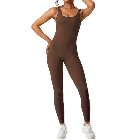 Damen Ärmelloser Rückenfreier Enger Jumpsuit Sexueller U-Ausschnitt Sport Bodysuit Hohe Elastizität Lange Catsuit Fitness Overall