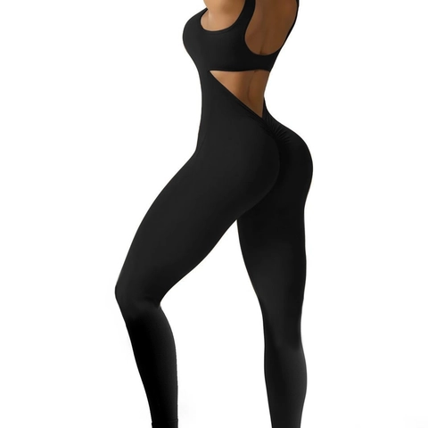 Damen Ärmelloser Rückenfreier Enger Jumpsuit Sexueller U-Ausschnitt Sport Bodysuit Hohe Elastizität Lange Catsuit Fitness Overall