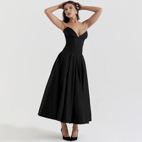Abito Maxi da Donna Senza Spalline Corsetto a Lisca di Pesce Sexy Schiena Scoperta Scollo a V Profondo Linea ad A Abito da Sera Party Clubwear