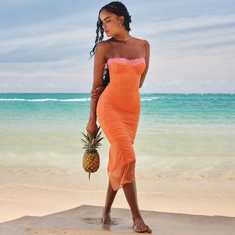 Women's Sexy Lace Trim Spaghetti Strap Bodycon Midi Dress Patchwork Solid Color Slim Fit Sleeveless Party Club Dress