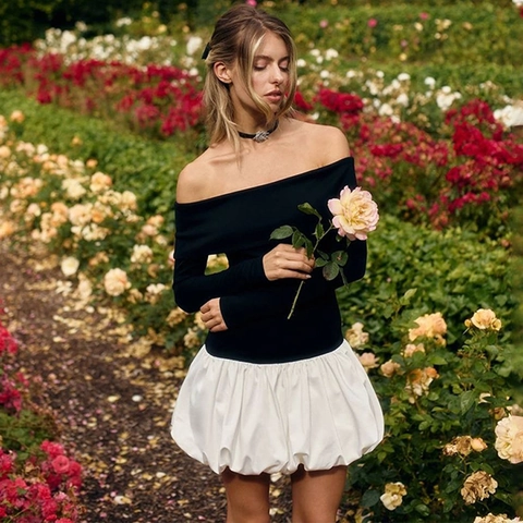Elegante Vestido Mini de Hombros Descubiertos Manga Larga Dobladillo de Burbuja Color Sólido Ajuste Delgado Para Mujer
