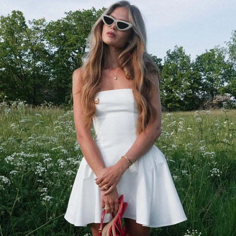 Elegant White Bandeau Mini Dress For Women Slim Fit Backless Skater Swing Short Dress Solid Color Sleeveless Polyester Party Vacation Dress