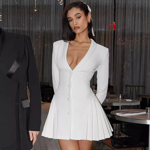 Elegante Vestito Blazer da Donna Con Scollo a V Profondo Maniche Lunghe e Orlo Plissettato Tinta Unita Mini Abito per Autunno Inverno