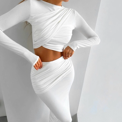 Womens Ruched Crop Top And Bodycon Maxi Skirt Set Long Sleeve Slim Fit Solid Color Polyester Spandex Elegant Outfits