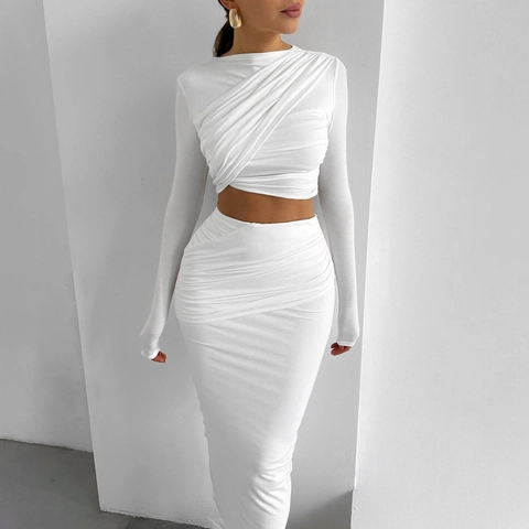 Womens Ruched Crop Top And Bodycon Maxi Skirt Set Long Sleeve Slim Fit Solid Color Polyester Spandex Elegant Outfits