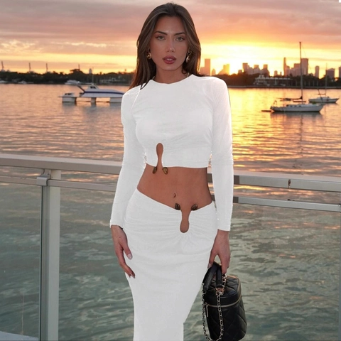 Women Sexy Hollow Out Long Sleeve Crop Top And Bodycon Maxi Skirt Fashion Commuter Solid Color Outfits For Summer Vacation