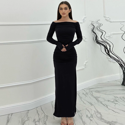 Damen Sexy Schulterfrei Gerüscht Maxikleid Herbst Langarm Seitenschlitz Figurbetont Party Abend Elegant Polyester Kleid