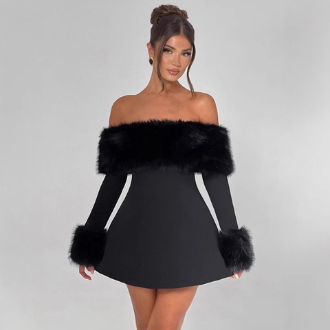 Vestito Donna Elegante Nero Scollo a Barca Mini Dress Con Bordo in Pelliccia Sintetica Manica Lunga Sexy Party