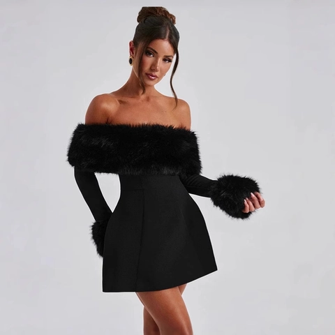 Vestito Donna Elegante Nero Scollo a Barca Mini Dress Con Bordo in Pelliccia Sintetica Manica Lunga Sexy Party