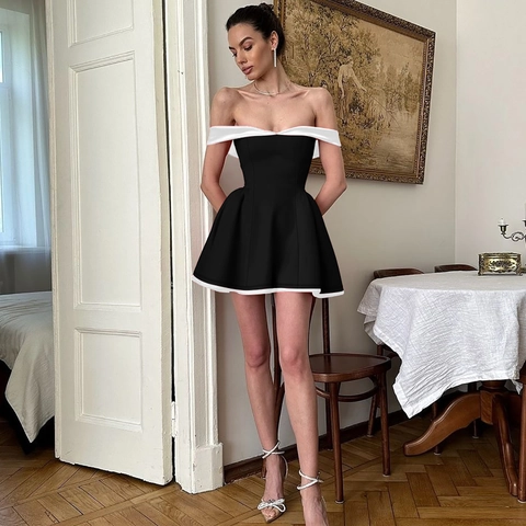 Vestido Mini Sexy Ajustado para Mujer Hombros Descubiertos Color Sólido Espalda Descubierta Empalme Corte Ajustado Vestido Corto de Fiesta Línea A
