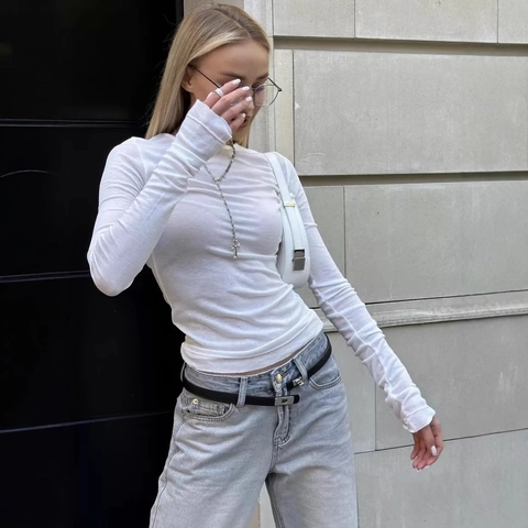 Damen Einfarbig Slim Fit Rundhals Ausgestellte Ärmel Langarm T-Shirt Streetwear Pullover Polyester Herbst Top