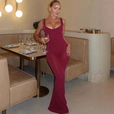 Abito Lungo Sexy da Donna con Cuciture in Rete Senza Schienale Vestibilità Aderente Scollo a U Senza Maniche Festa Serale Poliestere
