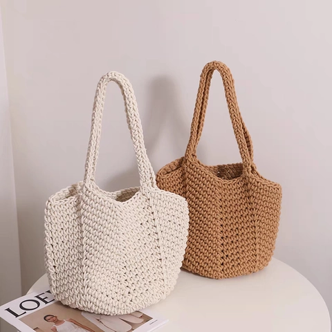 Borsa a Mano in Paglia Intrecciata a Mano Retrò Donna Minimalista Intrecciata Tote Bag Estate Spiaggia Vacanza Borsa a Spalla