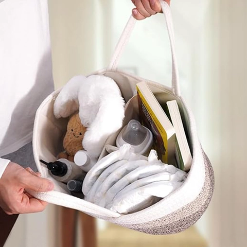 Portable Cotton Rope Diaper Caddy Baby Nursery Storage Basket Compartments Diapers Wipes Toys Minimalist Foldable Bag