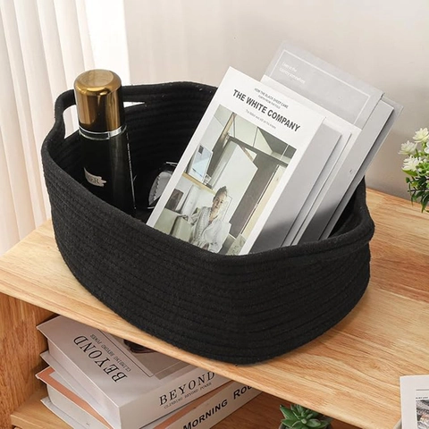 Cesto Portaoggetti Moderno in Corda di Cotone Con Manici Organizer Ovale Intrecciato a Mano Per Giocattoli Lavanderia Snack Chiavi