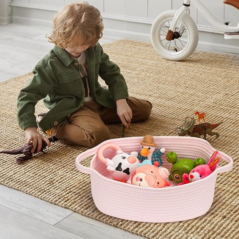 Cesto Portaoggetti Moderno in Corda di Cotone Con Manici Organizer Ovale Intrecciato a Mano Per Giocattoli Lavanderia Snack Chiavi