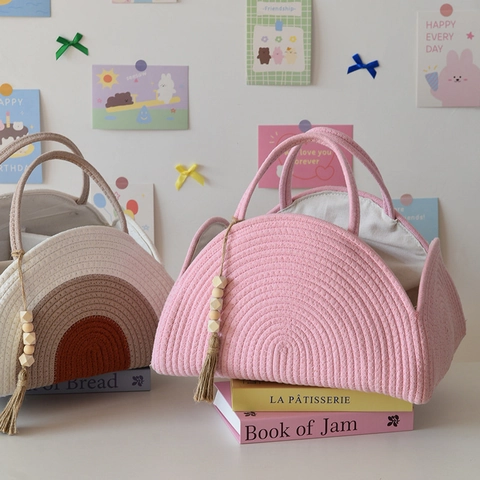Cotton Rope Woven Baby Diaper Caddy Storage Basket With Portable Handle Tassel Organizer For Nursery Room Home Decor Women