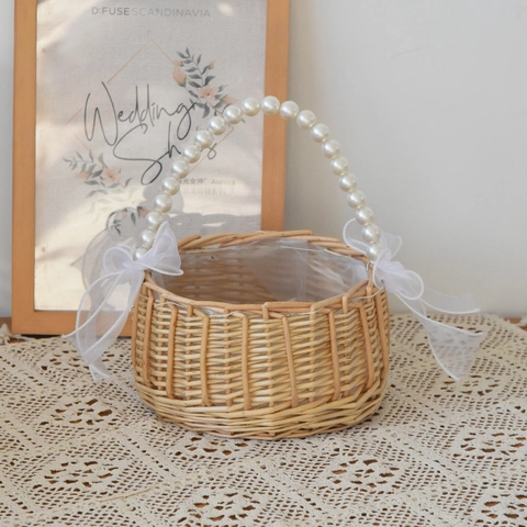 Cesto di Fiori Intrecciato a Mano in Salice Con Manico in Perle Artificiali e Fiocco in Organza per Matrimonio Festa Casa Decorazione