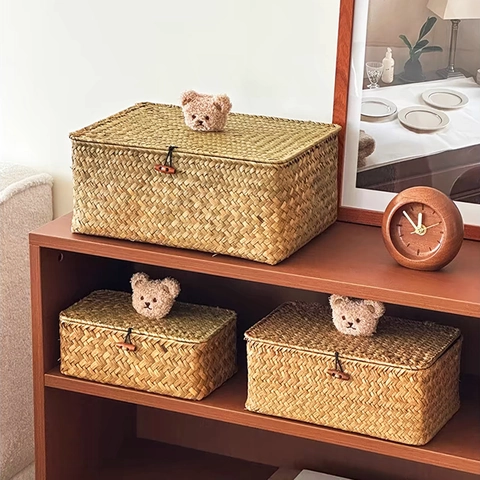 Cesto Portaoggetti in Erba Marina Intrecciato a Mano Con Coperchio Decorazione Orsetto Peluche Scatola Organizer Casa