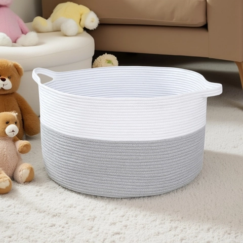 Scandinavische Gevlochten Katoenen Touw Wasmand Opvouwbare Tweekleurige Opbergmand Voor Kleding Speelgoed Huishoudelijke Organisator